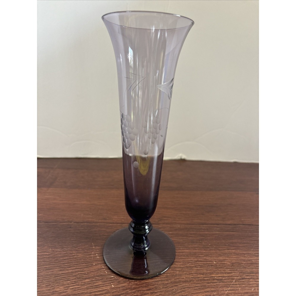 Vintage Purple Etched Glass Bud Vase 8.25" National Potteries